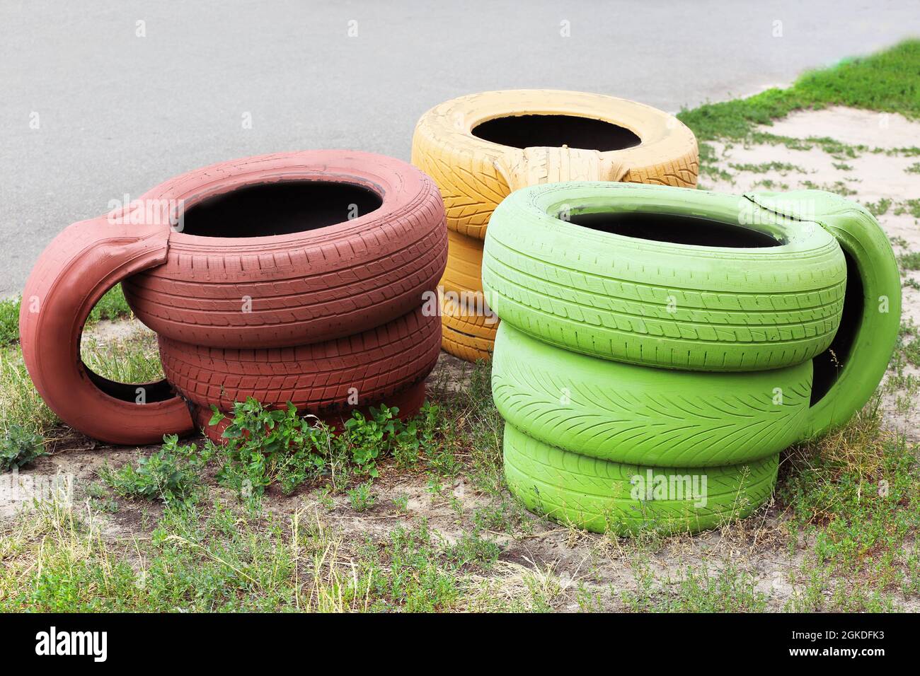 Decorative cups made of automobile tires, outdoors Stock Photo Alamy