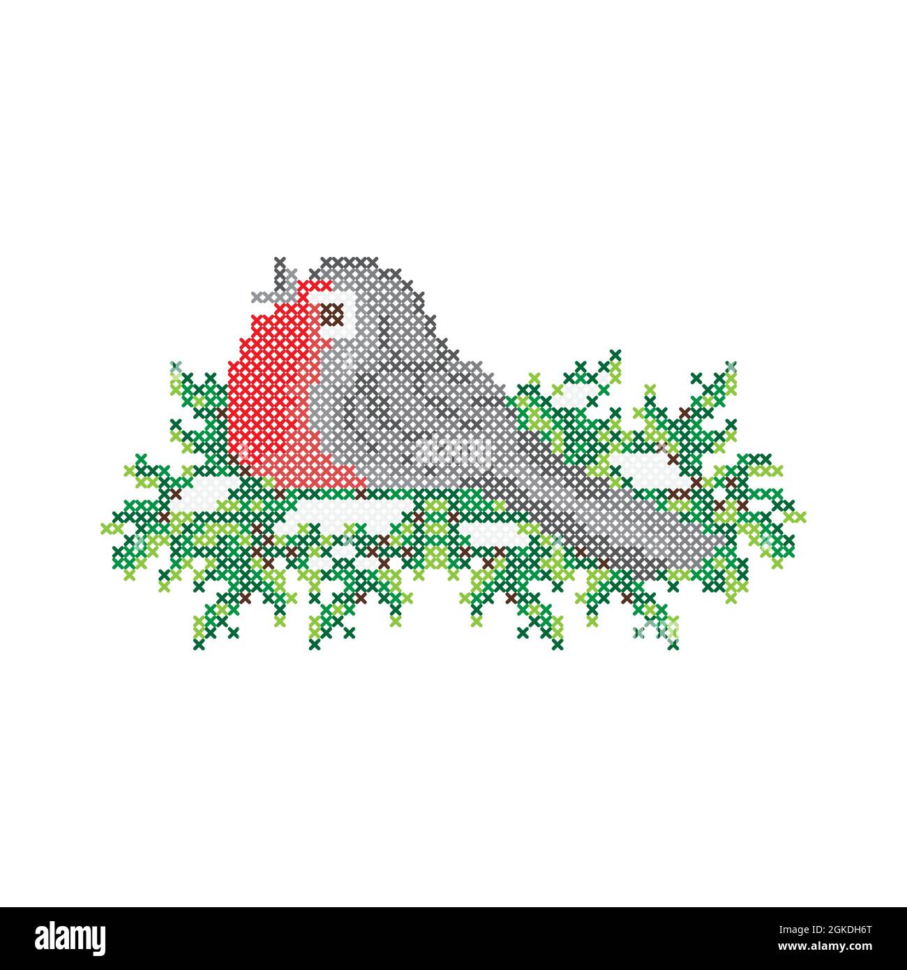 Embroidery pattern, cross stitch ornament. Bullfinch bird on fir tree