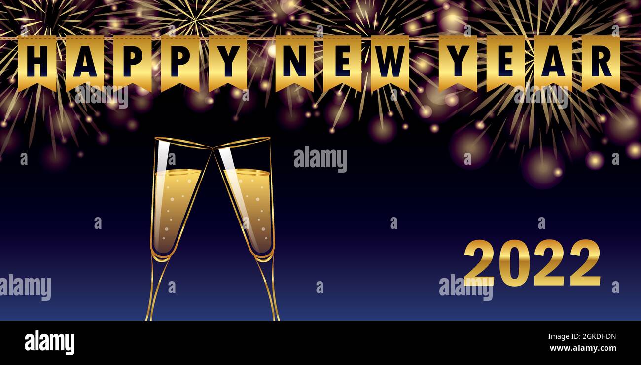 happy new year 2022 golden firework champagne glasses and party flags greeting card Stock Vector