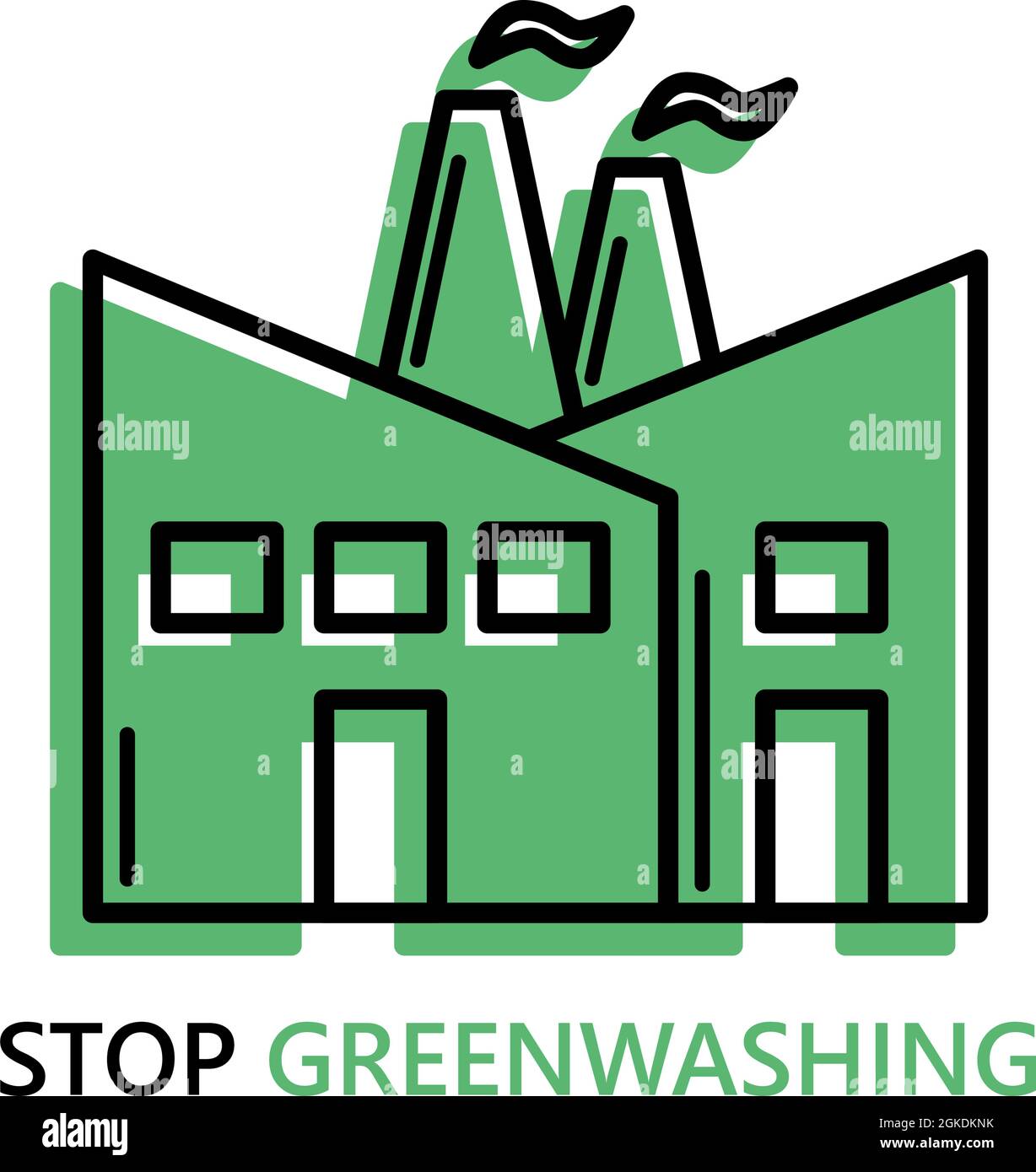 Stop greenwashing disinformation concept manufacture industrial factory green vector icon or silhouette line logo isolated on white background environment pollution illustration. Stock Vector