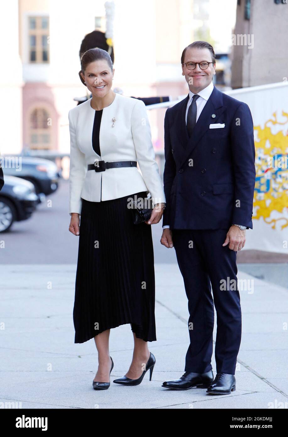 Stockholm, Sweden. September 14, 2021, Kronprinsessan Victoria, Prins Daniel, Crown Princess Victoria, prince Daniel, attending a ceremony in connection with opening of the Swedish Parliament for the 2021/22 work year at the Swedish Parliament House on September 14, 2021 in Stockholm, Sweden. Photo by Patrik C Osterberg/Stella Pictures/ABACAPRESS.COM Stock Photo
