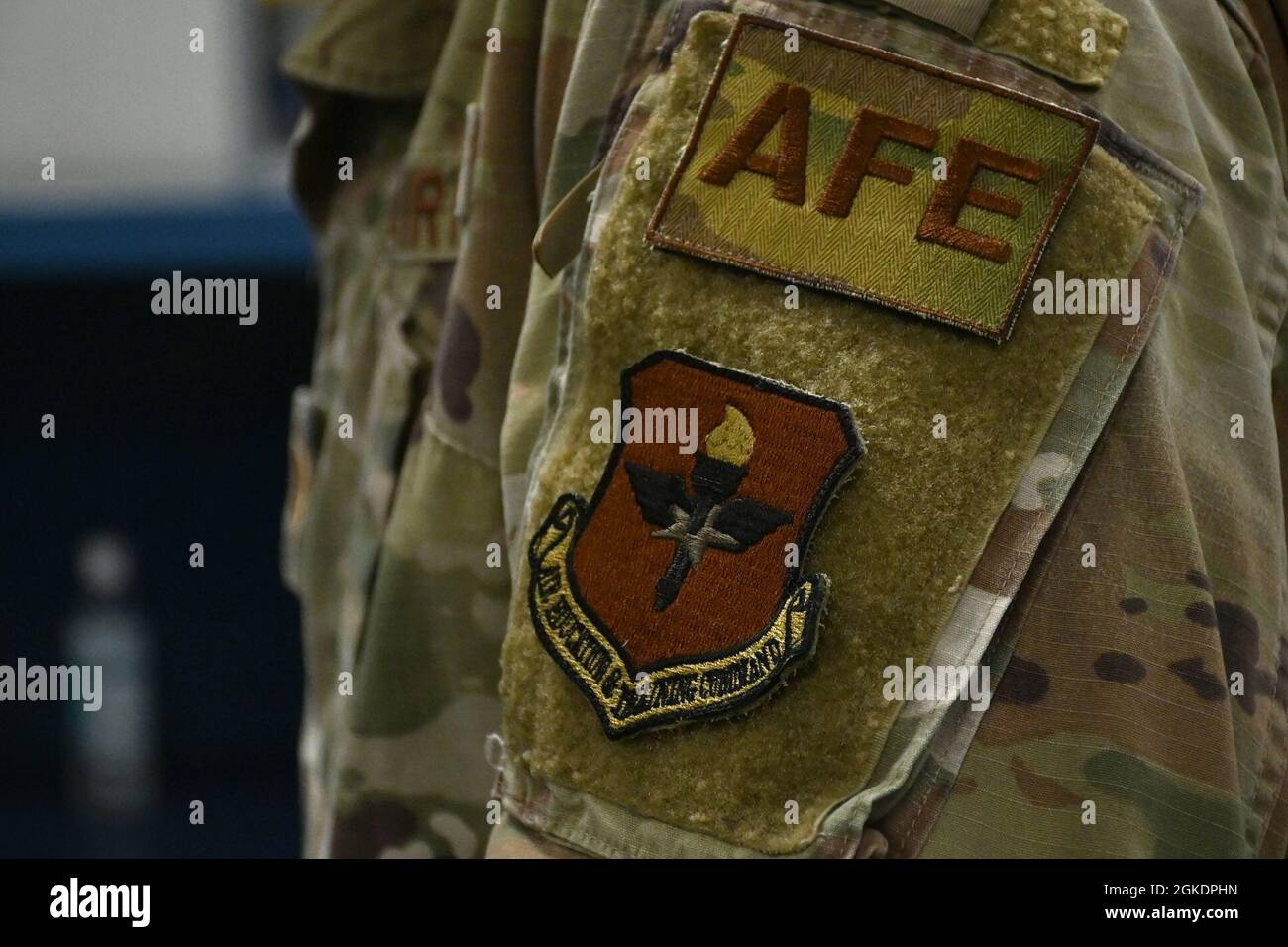 U.S. Air Force Tech. Sgt. Mack West, 33rd Operations Support Squadron aircrew flight equipment superintendent, wears his identifier badge at Eglin Air Force Base, Florida, March 23, 2021. In 2007, survival equipment and life support merged into aircrew flight equipment. Stock Photo