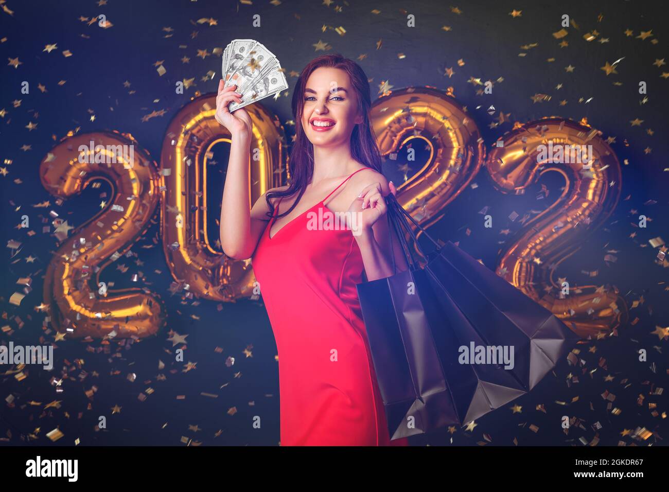 When Is Christmas Black Friday 2022 Woman With Dollars And Purchases. New Year Shopping. Black Friday. 2022  Balloons. Christmas Sales Stock Photo - Alamy