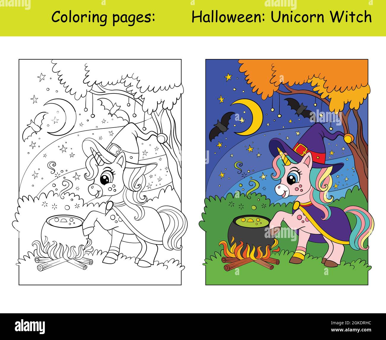 Cute unicorn witch and magic cauldron. Halloween concept. Coloring book