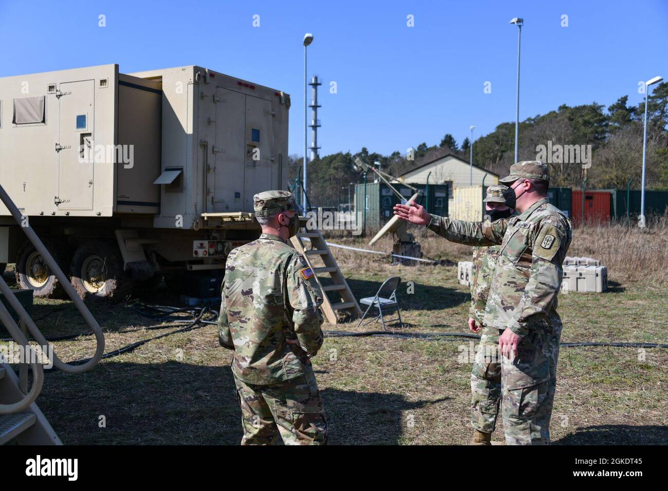 U.S. Soldiers with 174th Air Defense Artillery Brigade (174 ADAB) conduct preliminary equipment check at Bismarck Kaserne, Ansbach. 174 ADAB is preparing for series of exercises in Europe including Defender Europe 21. Defender Europe 21 is an annual large-scale U.S. Army Europe and Africa-led, joint, multinational exercise designed to build readiness and interoperability between U.S., NATO and partner militaries. 174 ADAB is on a rotation duty in Germany and located at U.S. Army Garrison Ansbach. Ansbach, Germany, March 24, 2021. Stock Photo