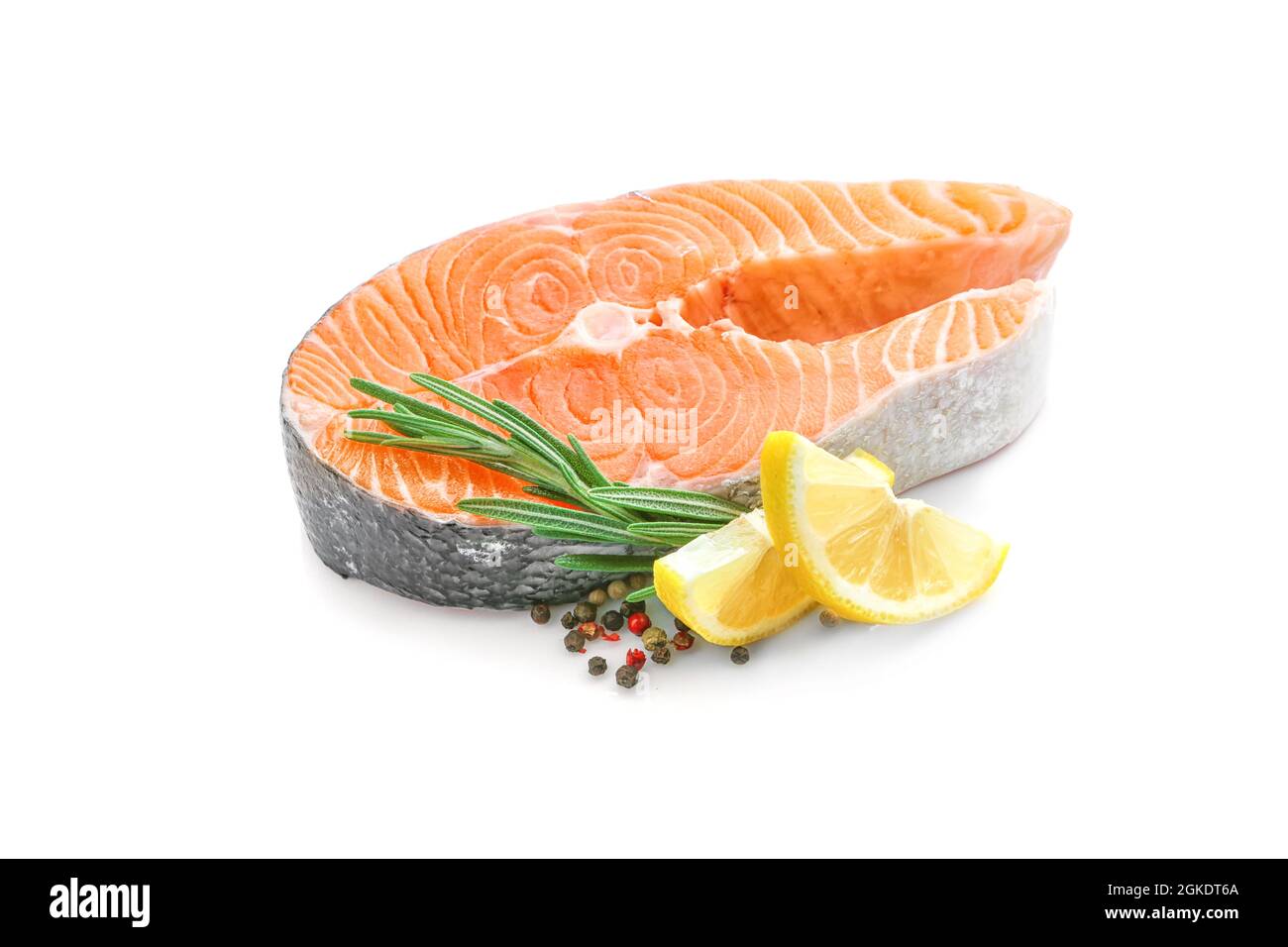 Fresh salmon steak on white background Stock Photo - Alamy