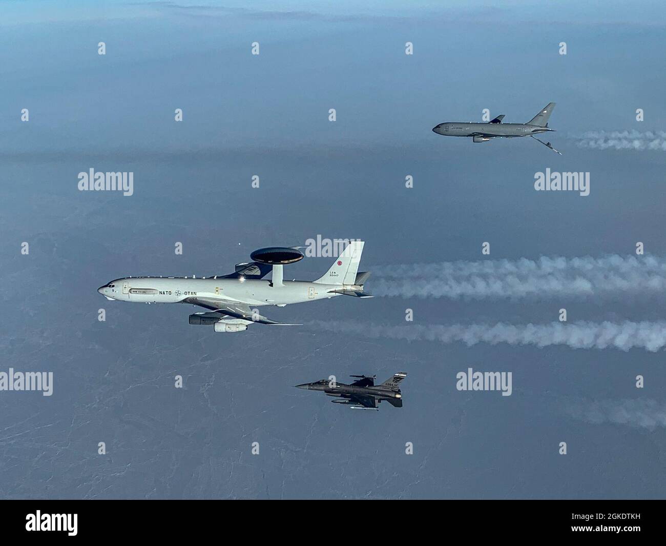 Nato E 3 Awacs Sentry Aircraft Flies Over The Canadian Arctic With Usaf F 16 And Kc 46a Pegasus Tanker During North American Aerospace Defense Command S Arctic Air Defense Exercise Amalgam Dart 21 02 March 24