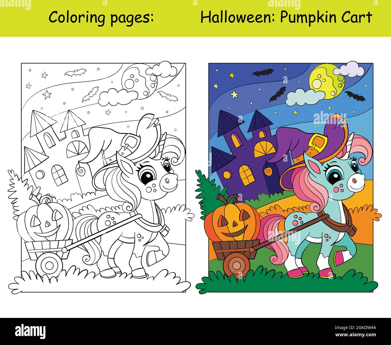 Cute unicorn driving Halloween pumpkin in a cart. Halloween concept. Coloring book page for children with colorful template. Vector cartoon illustrati Stock Vector