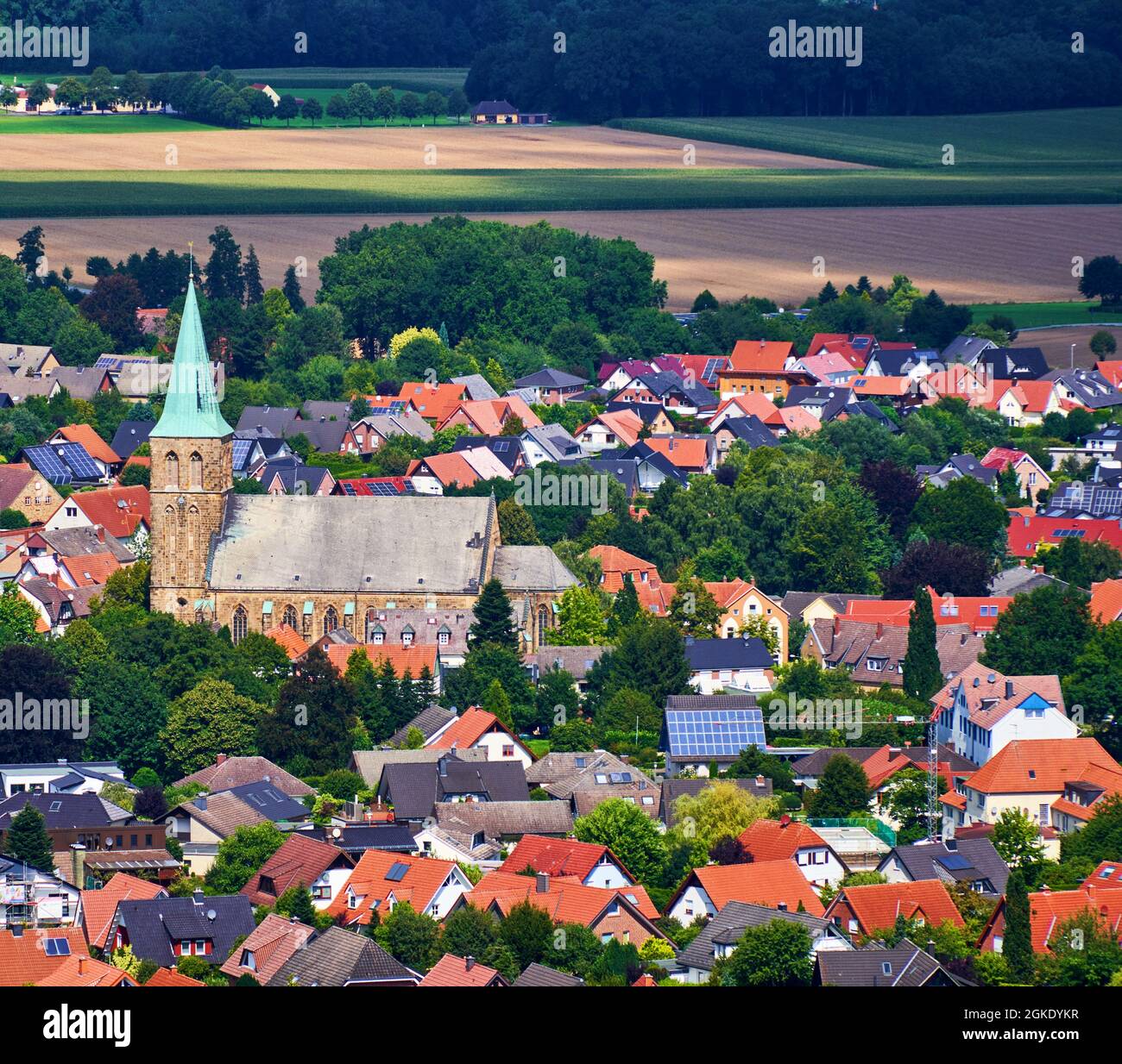 Stempeda Aerial view of Christian church surrounded by houses in a village in ...