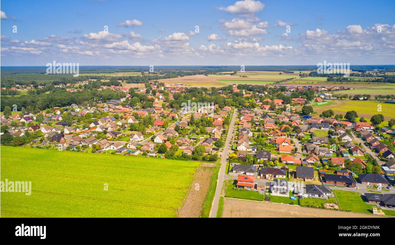 Aerial view of a village on the edge of the Luneburg Heath in northern Germany with single family houses on small plots of land Stock Photo