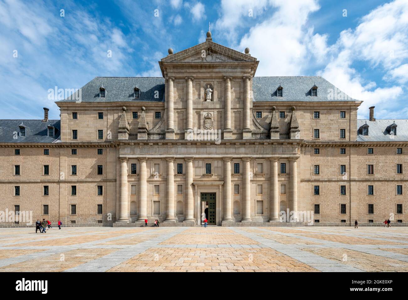main facade of the monastery of el escorial. Architectural work commissioned by Felipe II of Spain. Stock Photo