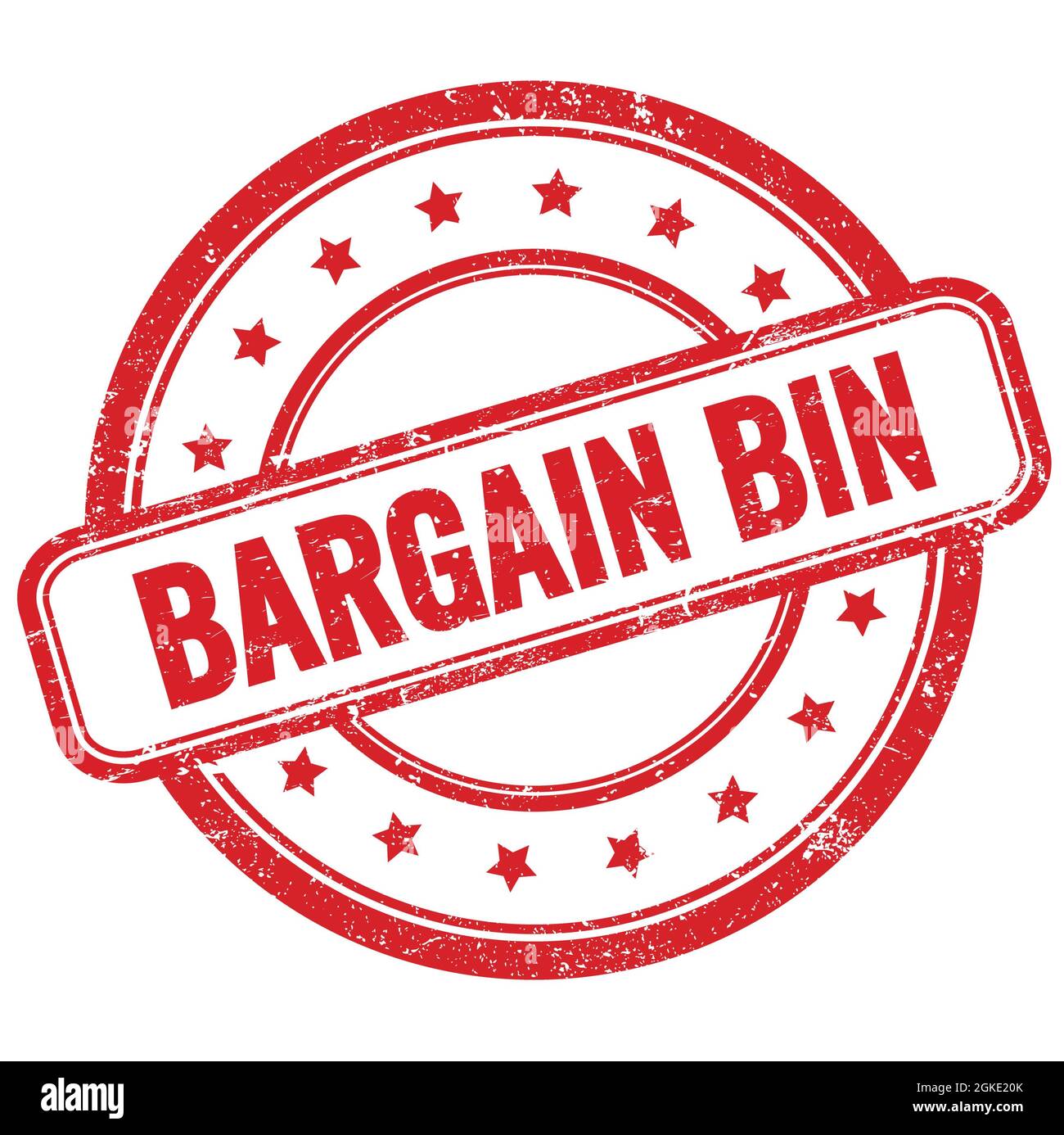 BARGAIN BIN text on red vintage grungy round rubber stamp. Stock Photo