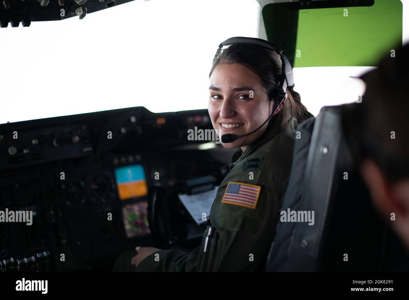 U.S. Air Force Capt. Karen Miller, 6th Air Refueling Squadron KC-10 Extender pilot, smiles at the camera during Women’s History Month heritage flight March 25, 2021, at Travis Air Force Base, California. In honor of Women's History Month, an all-female flight crew from the 6th ARS flew on an aerial refueling training mission eastbound to Wyoming and Naval Air Station Fallon. Stock Photo