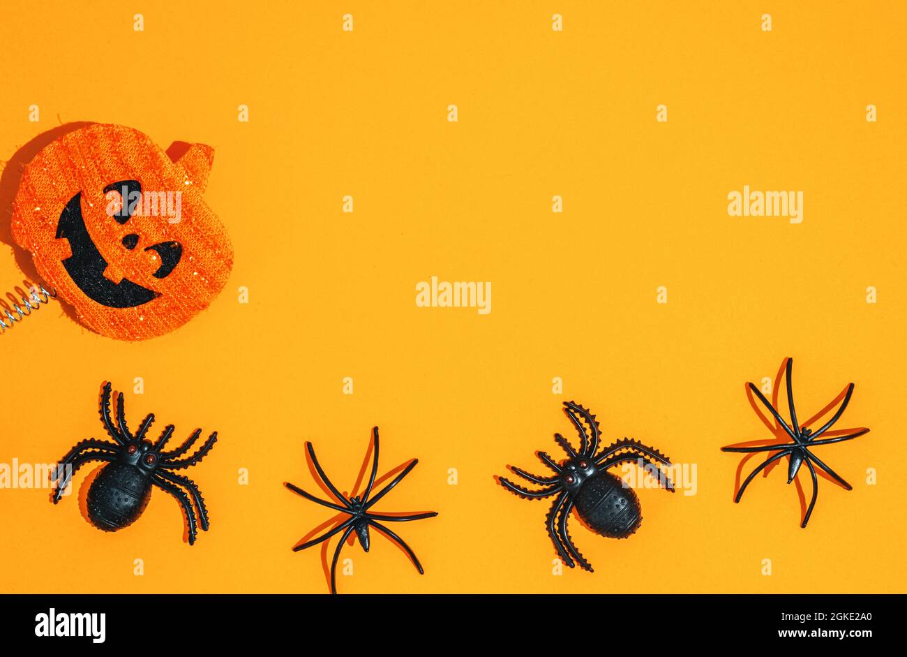 orange halloween background. four black spiders and pumpkin Stock Photo ...