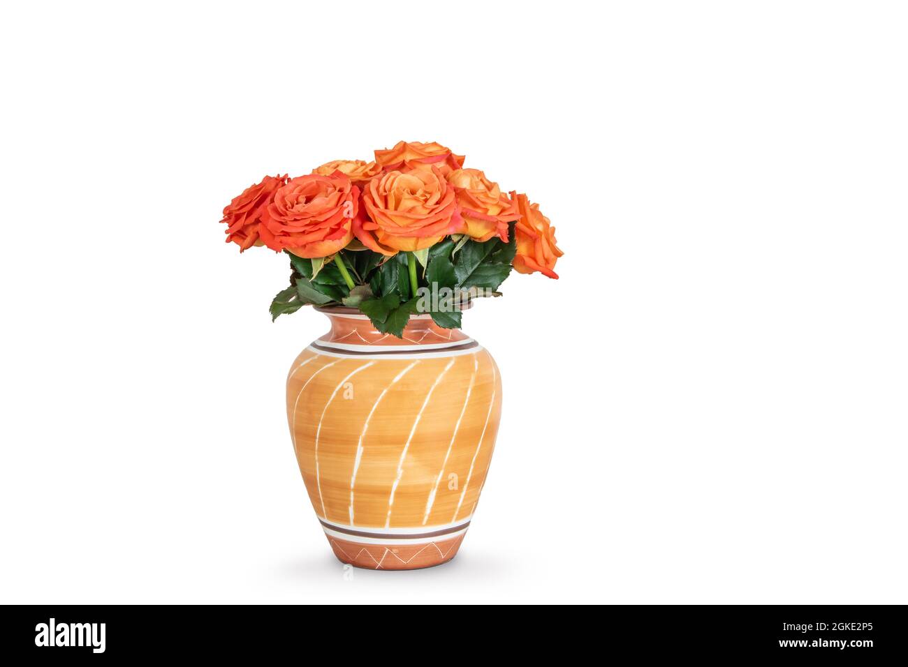 Bouquet of orange roses in vase, isolated on white background. Stock Photo