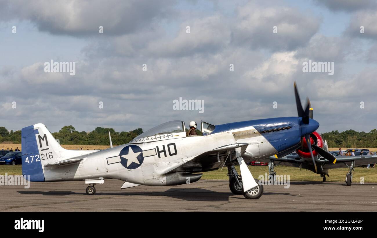 P-51D Mustang ‘Miss Helen’ (G-BIXL) taxiing along the runway after arriving at RAF Abingdon to take part in the Abingdon Air & Country Show 2021 Stock Photo