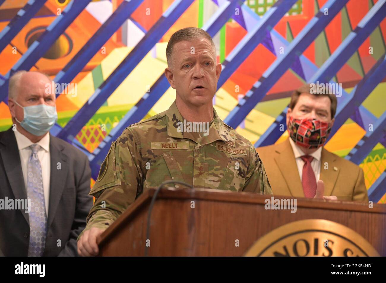 U.S. Air Force Maj. Gen. Rich Neely, The Adjutant General of Illinois and the Commander of the Illinois National Guard speaks during press conference held on the Illinois State University, Normal, Illinois, March 25, 2021. Maj. Gen. Neely often speaks to media to communicate to the public about Illinois National Guard operations in relation to COVID-19 relief efforts. Stock Photo