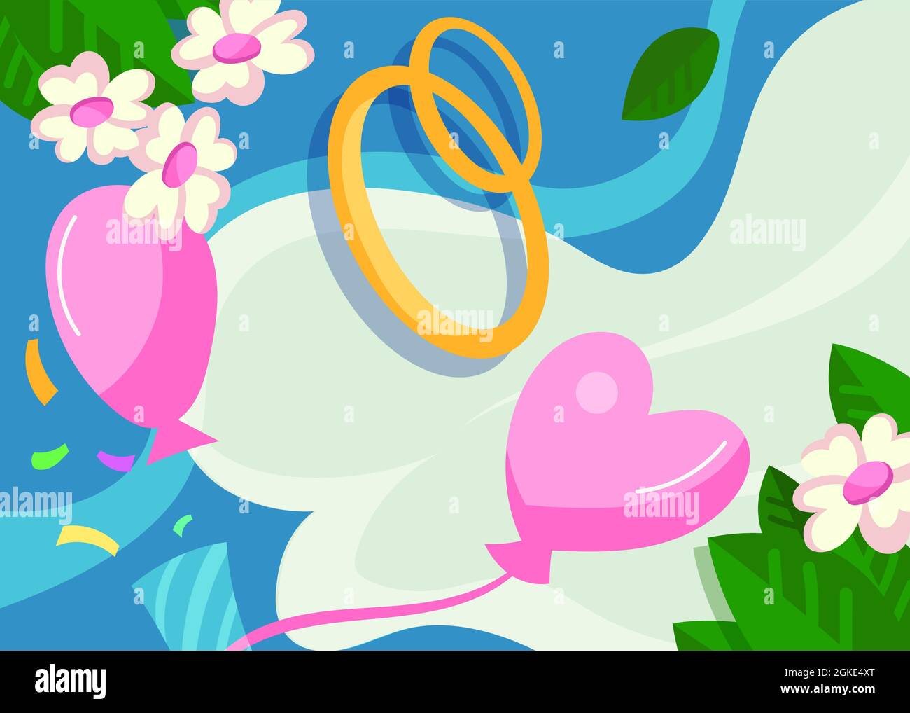 Wedding banner with rings and balloons. Placard design in cartoon style