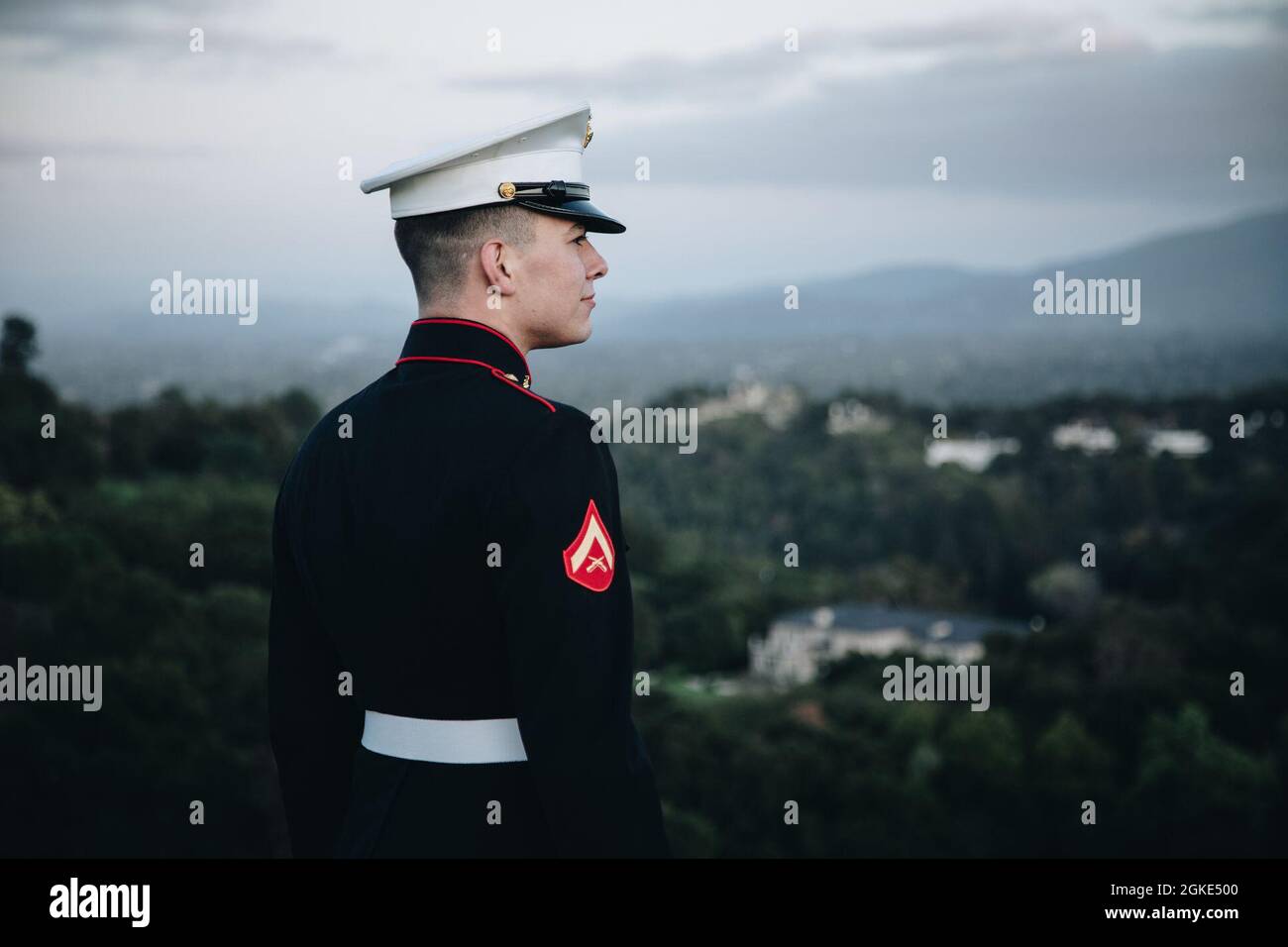 U.S. Marine Corps Lance Cpl. Jeremy Schutters, originally from Saratoga, California, a small arms repair technician, with Combat Logistics Battalion 453, Marine Corps Forces Reserve, poses for a photo in San Jose, California March 25, 2021. Schutters is currently attending De Anza College and studying administration of justice. As a reservist, Schutters has the opportunity to pursue his dream job as a Santa Clara county sheriff while also serving his country as a United States Marine. Stock Photo