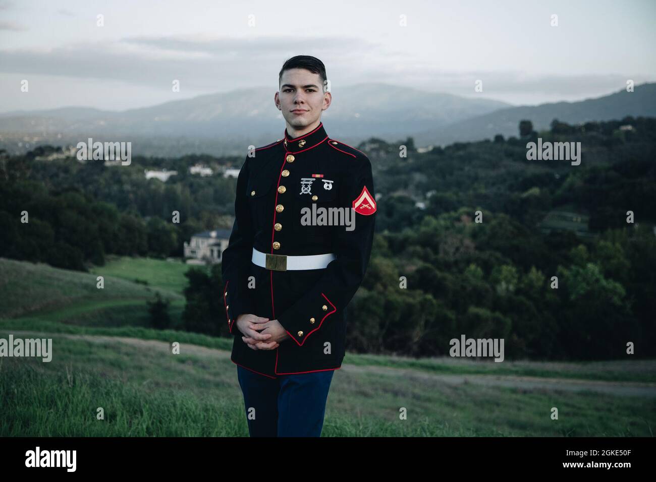 U.S. Marine Corps Lance Cpl. Jeremy Schutters, originally from Saratoga, California, a small arms repair technician, with Combat Logistics Battalion 453, Marine Corps Forces Reserve, poses for a photo in San Jose, California March 25, 2021. Schutters is currently attending De Anza College and studying administration of justice. As a reservist, Schutters has the opportunity to pursue his dream job as a Santa Clara county sheriff while also serving his country as a United States Marine. Stock Photo