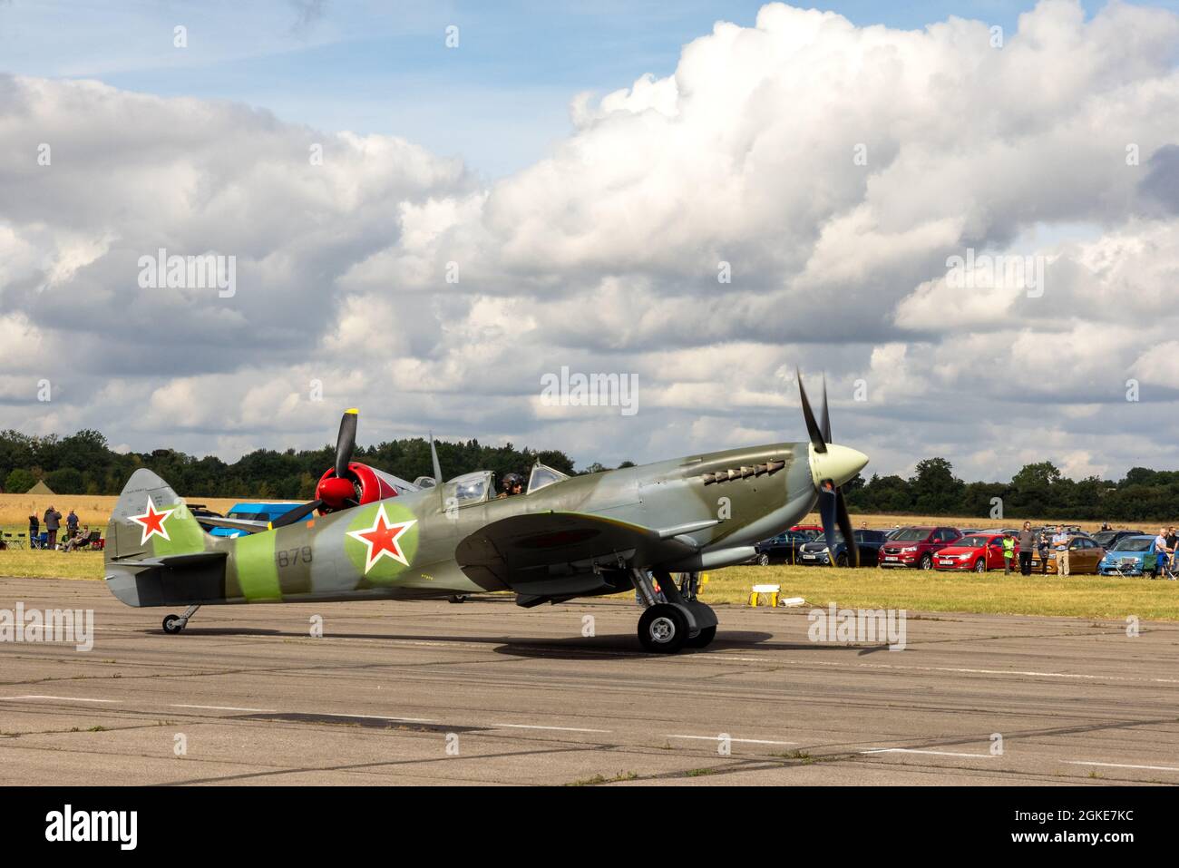 The Russian Spitfire (PT879) taxiing along the runway after arriving at RAF Abingdon to take part in the Abingdon Air & Country Show 2021 Stock Photo