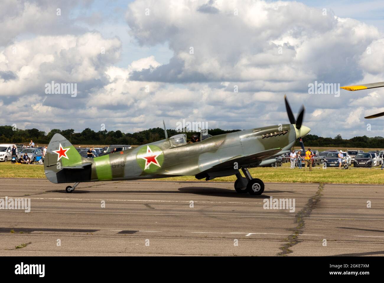 The Russian Spitfire (PT879) taxiing along the runway after arriving at RAF Abingdon to take part in the Abingdon Air & Country Show 2021 Stock Photo