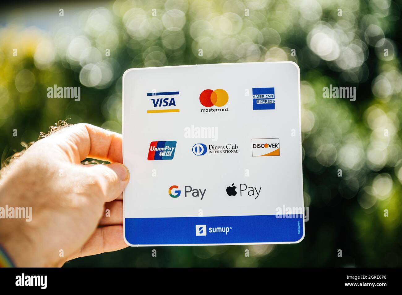 Visa, Mastercard, American Express, UnionPay, Diners Club international, Discover, GPay and Apple Pay Stock Photo