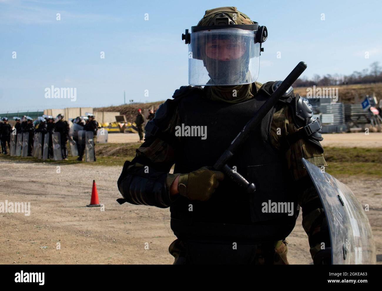 A Polish Armed Forces soldier assigned to Regional Command-East, Kosovo Force, prepares for fire phobia training at Camp Marechal de Lattre de Tassigny, Kosovo, on March 29, 2021. Hungarian Defense Forces troops trained the Polish contingent on individual, squad and platoon levels. Stock Photo