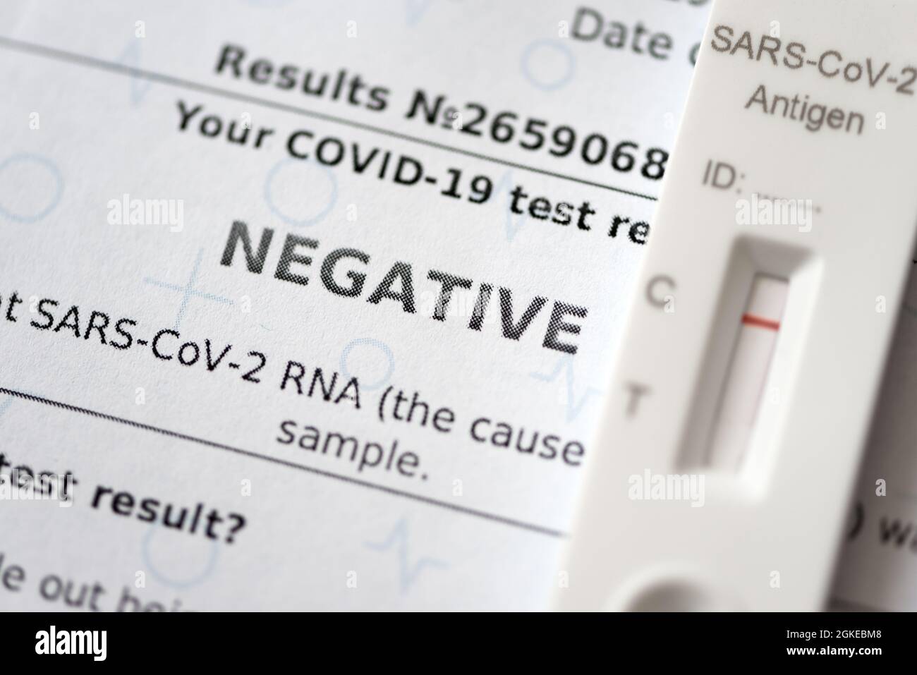 Laboratory report with negative test result by using rapid test device for COVID-19 Stock Photo