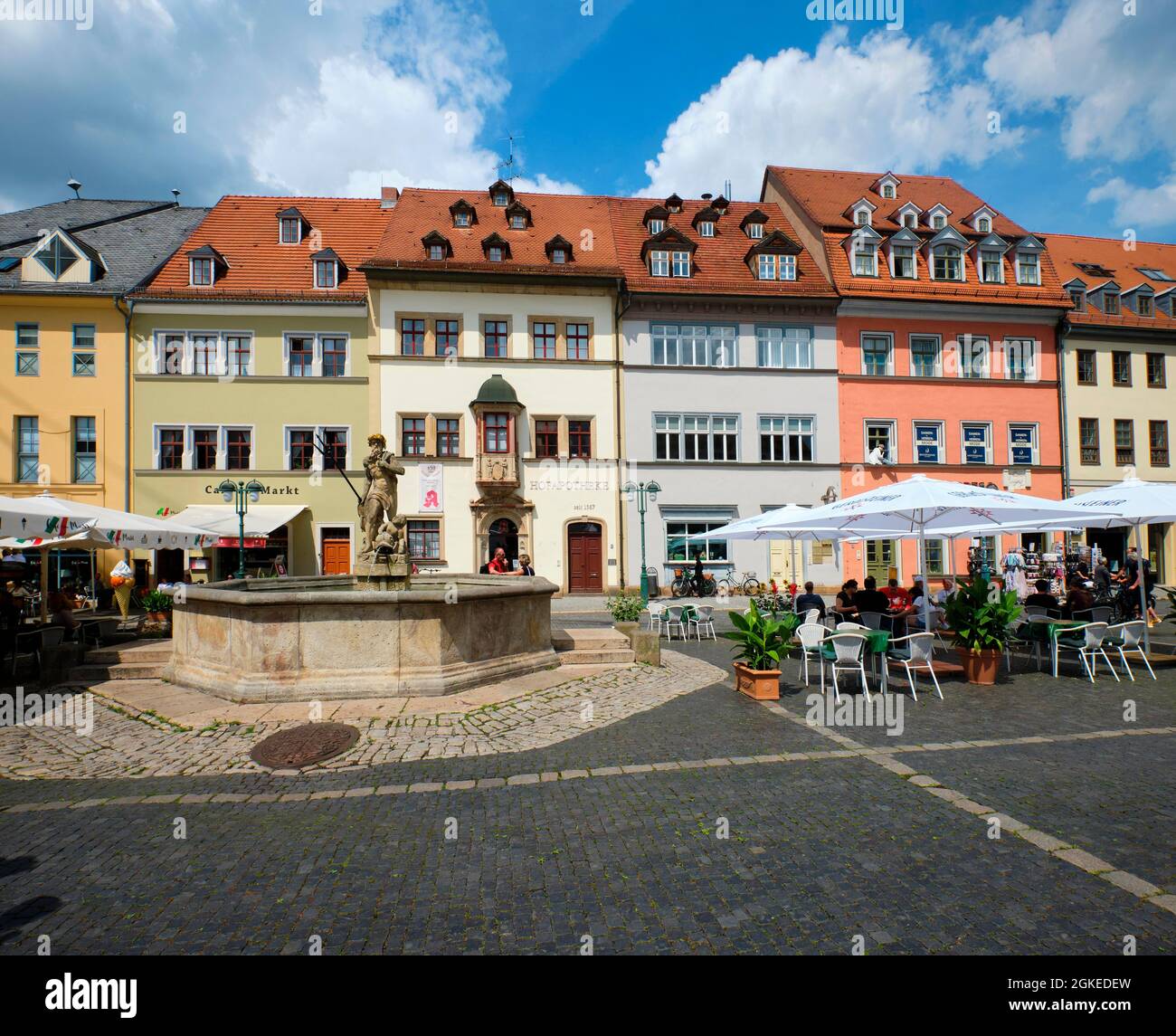 Neptune Fountain and Court Pharmacy, Market Square, Weimar, Thuringia, Germany Stock Photo