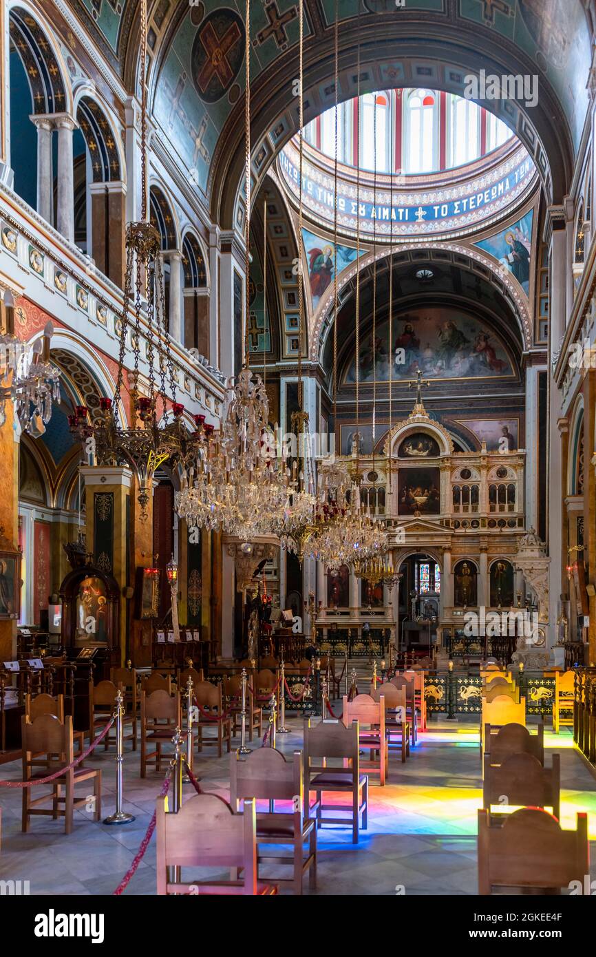 Interior with altar, ornate interior, chandelier, neoclassical Greek ...