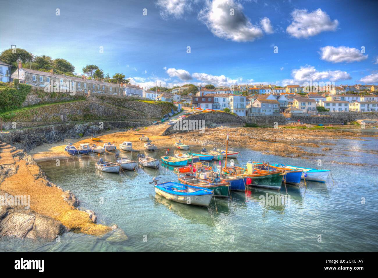 Portscatho Cornwall Roseland Peninsula harbour and village with boats south west England UK colourful hdr Stock Photo