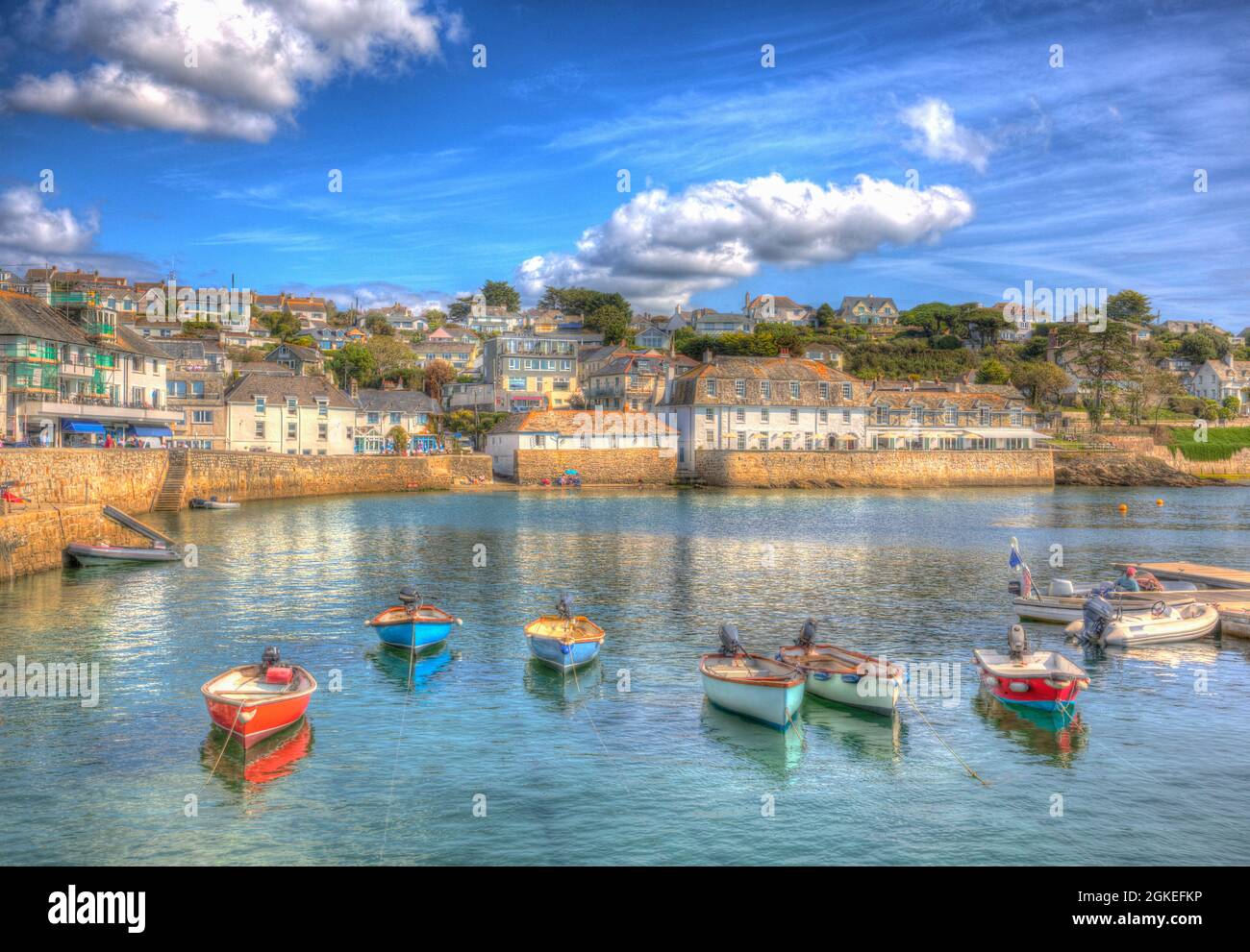 St Mawes Cornwall boats in harbour Roseland Peninsula UK colourful HDR Stock Photo