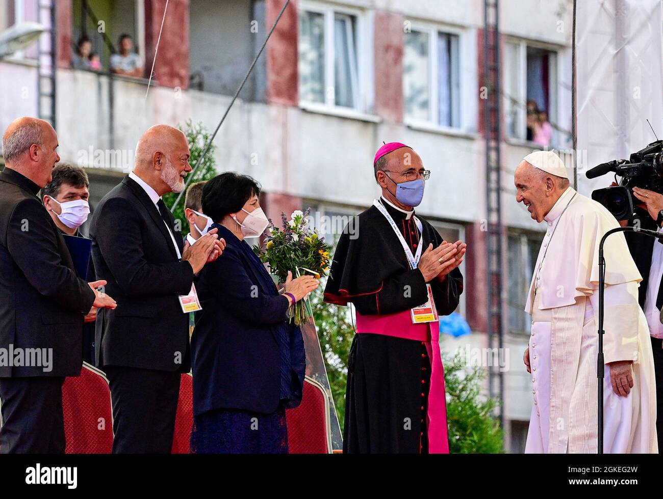Kosice, Slovakia. 14th Sep, 2021. Pope Francis meets local Roma minority at biggest Slovak Roma housing estate Lunik IX in Kosice today, on Tuesday, September 14, 2021, during his four-day visit to Slovakia, which started on Sunday. Credit: Roman Vondrous/CTK Photo/Alamy Live News Stock Photo