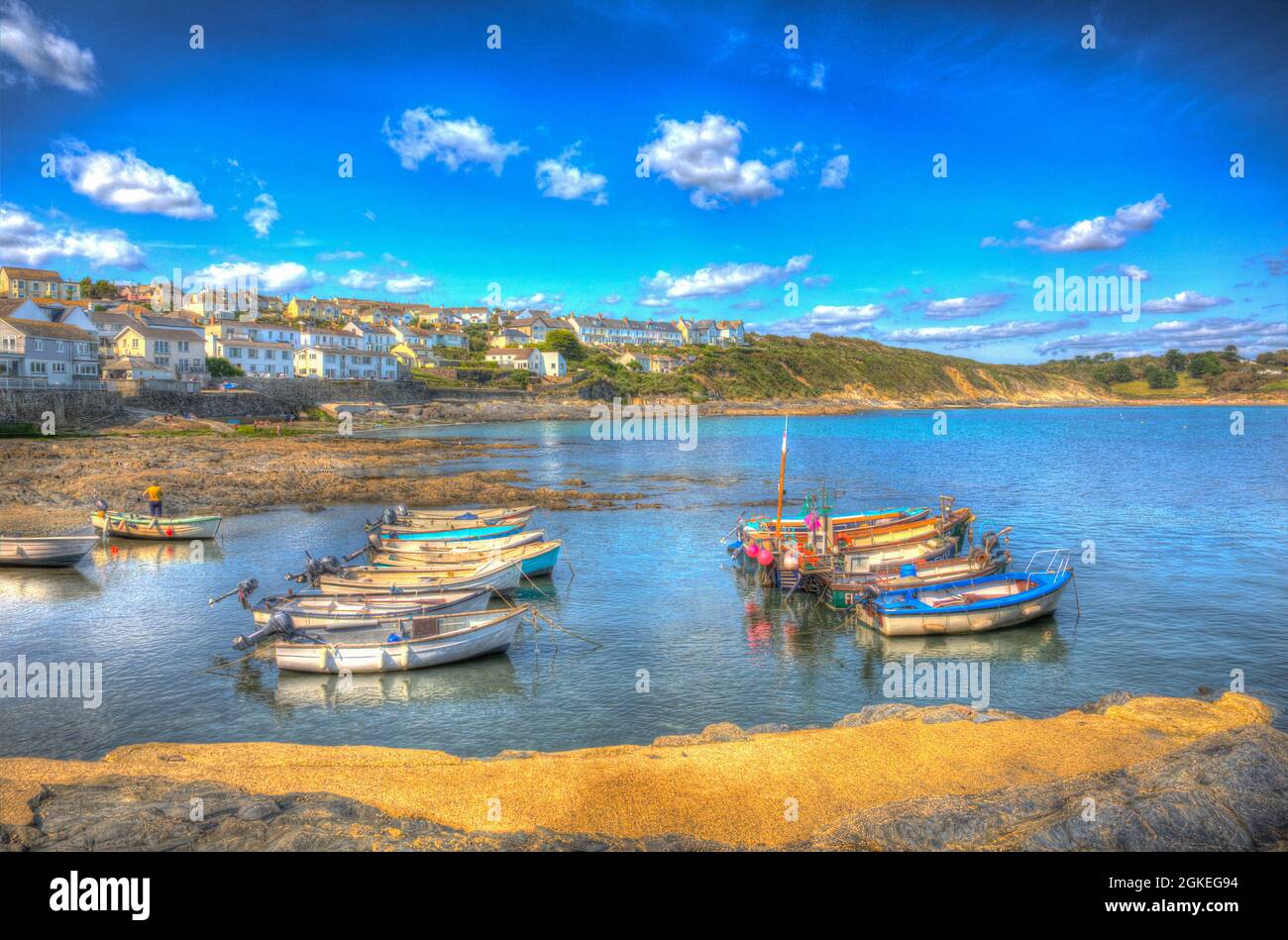 Portscatho boats Cornwall Roseland Peninsula harbour south west coast of England UK colourful hdr Stock Photo