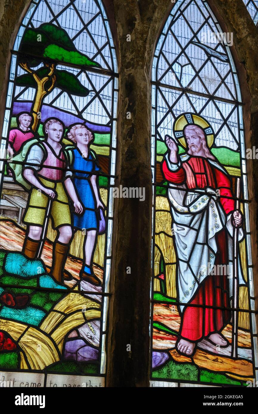 The stained glass window in All Saints Church (known as the Ramblers Church), Walesby, Lincolnshire Stock Photo
