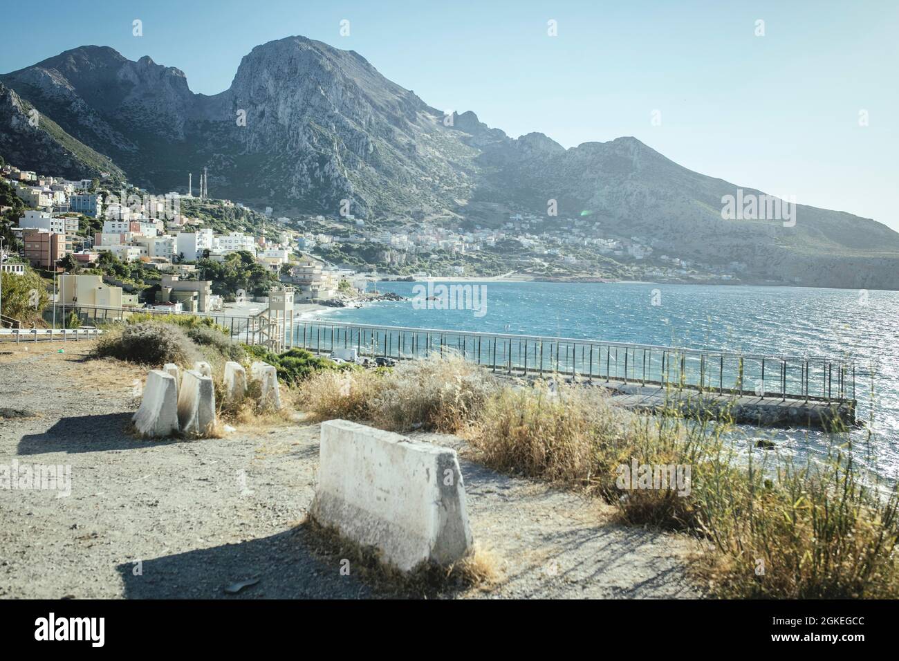 Panoramic view in south direction onto the settlement Benzu and the Moroccan coast, Ceuta, Spain Stock Photo