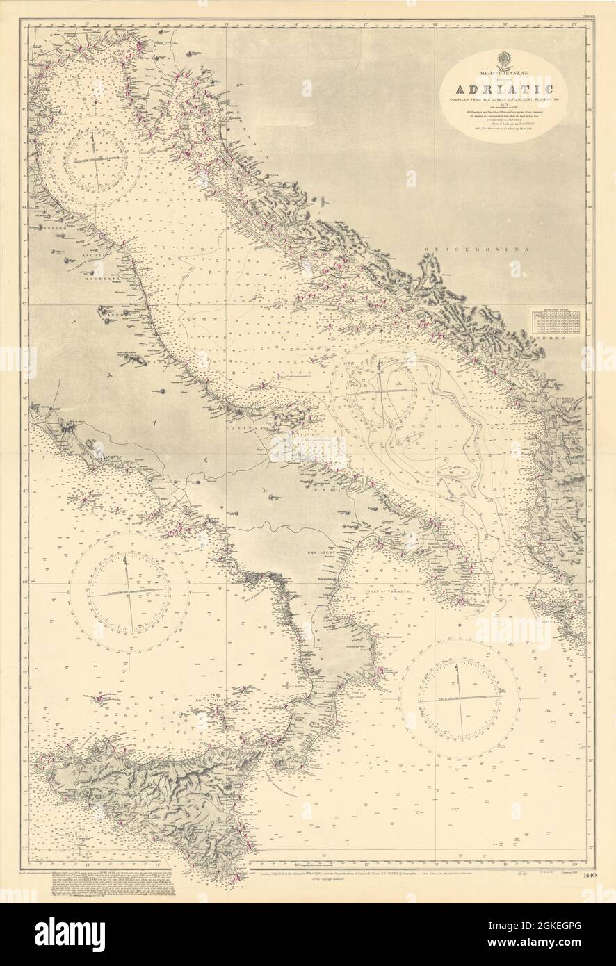 Mediterranean Adriatic Italy Croatia. ADMIRALTY sea chart 1880 (1949) old map Stock Photo