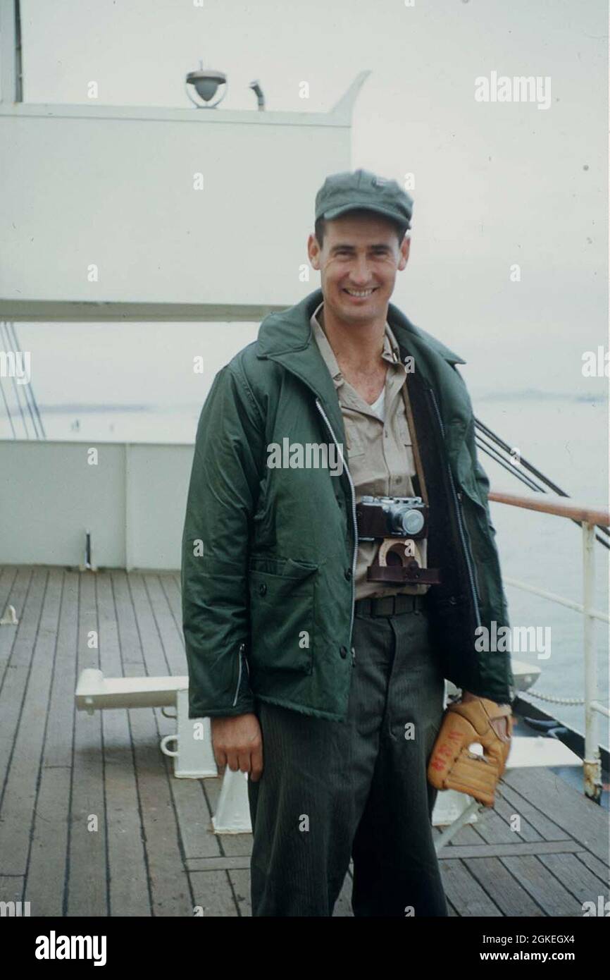 Marine aviator and baseball great Ted Williams aboard the Navy hospital ship USS Haven in 1953.  BUMED Archives. Stock Photo