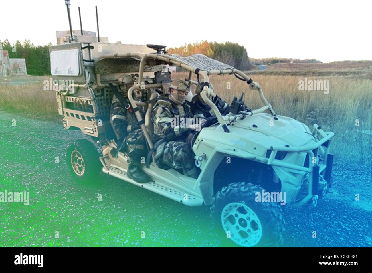 AERS platform UTV with CBRN-mounted sensor and communications equipment. The lighter, leaner personnel and equipment package is contained all on the one vehicle. Stock Photo