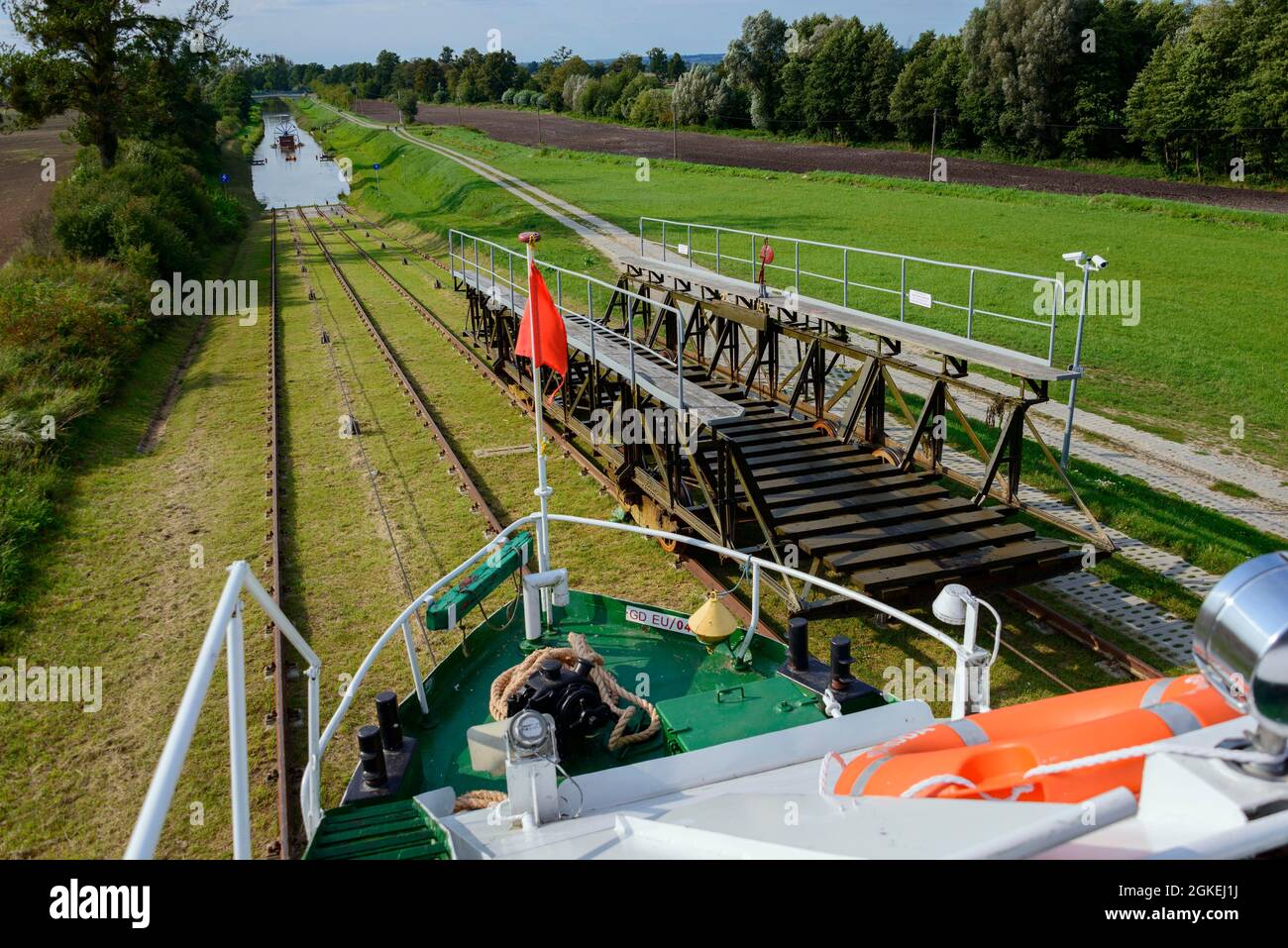 Ship Ostroda and transport carriages, Hirschfeld, Jelenie, Oberland Canal, Warmia-Masuria, Oberland Canal, Elbling Osterode Canal, Elblag-Ostroda Stock Photo