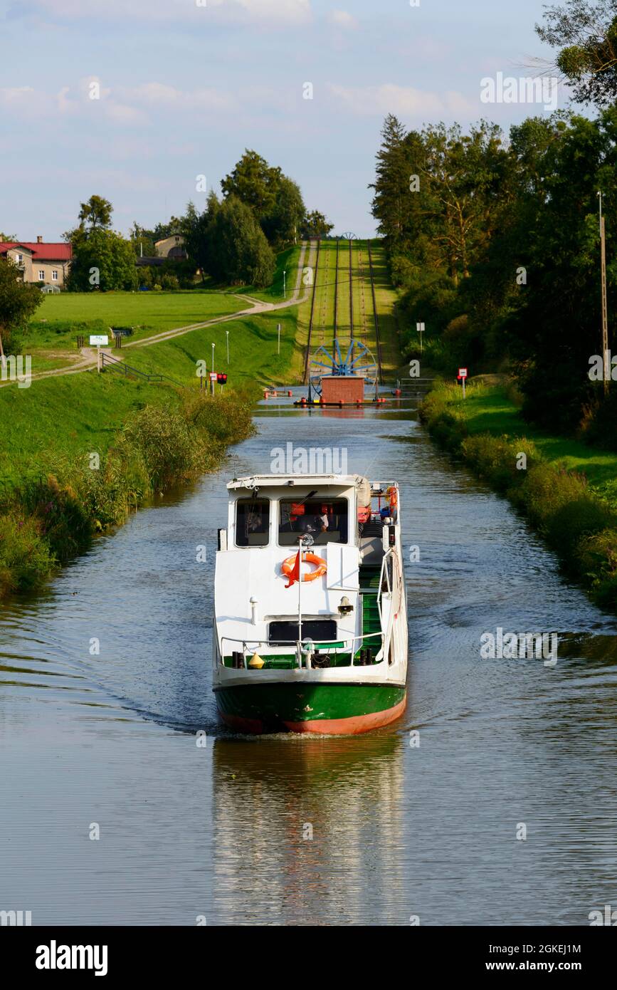 Ship Ostroda, Hirschfeld, Jelenie, Oberland Canal, Warmia-Masuria, Oberland Canal, Elbling Osterode Canal, Elblag-Ostroda Canal, Warminsko-Mazurskie Stock Photo