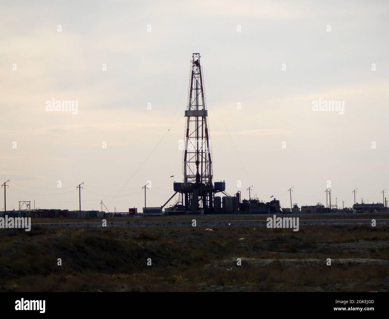 Drilling Rig in the steppe. Kazakhstan. Mangistau region. 10 September 2019 year. Mangistau region. Stock Photo