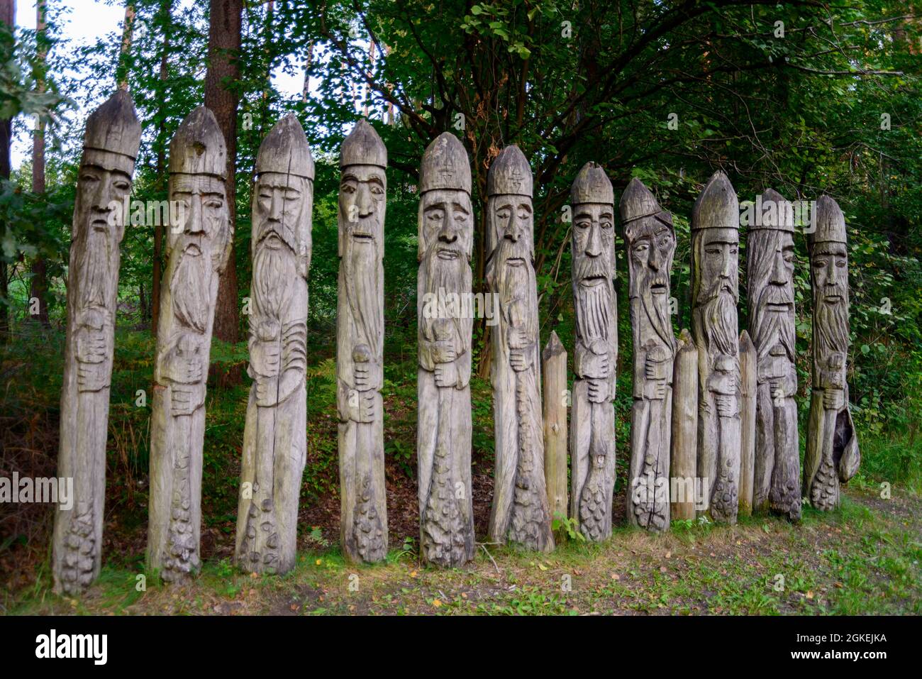 Wooden figures, Galindia, Lake Beldany, Iznota, Ruciane-Nida, Warmia-Masuria, Gaulish village, Warminsko-Mazurskie, Poland Stock Photo