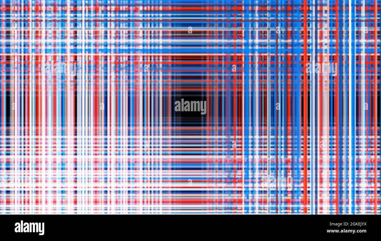 Colorful neon grid formed by narrow crossed lines on a black background, seamless loop. Animation. 3D moving tunnel with the square shaped black cente Stock Photo