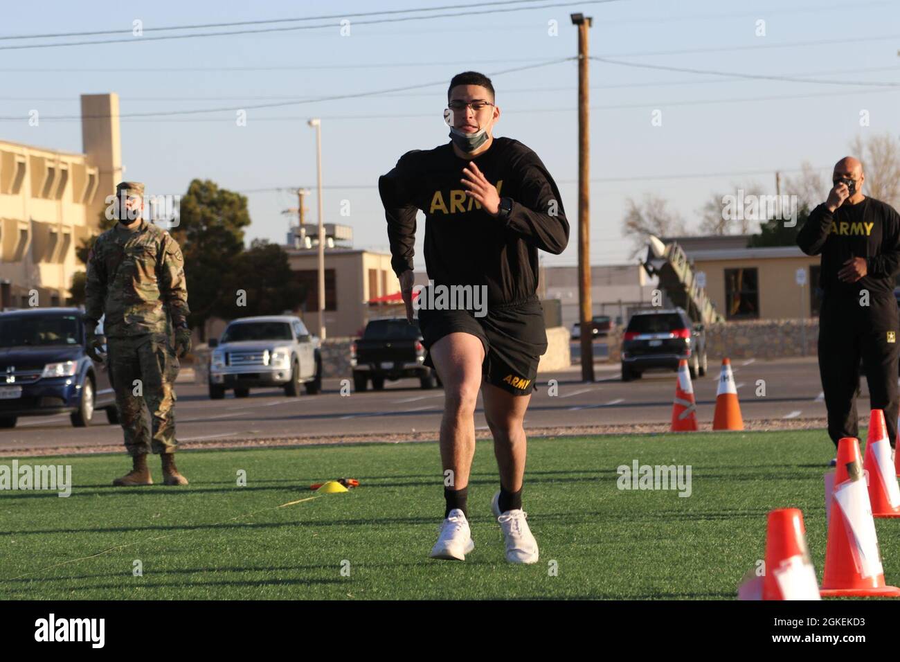 Spc. Jorge Rivera-Jimenez, a Religious Affairs Specialist (56M) assigned to 69th Air Defense Artillery Brigade, runs through the 'sprint-drag-carry' event during the ACFT here at Fort Bliss, Texas. Stock Photo