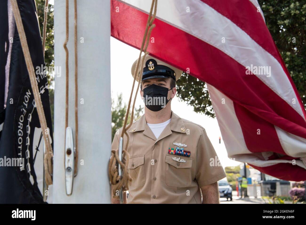 210401-N-BH414-1028 SAN DIEGO (April 1, 2021) Chief Information Technician Brice Stremel assigned to Commander, U.S. 3rd Fleet participates during Morning Colors April 1, 2021. This year marks the 128th anniversary of the chief petty officer rank. Stock Photo