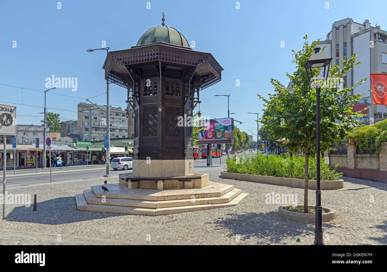 Belgrade, Serbia - August 09, 2021: Drinking Fountain Sebilj at Skadarlija Street Hot Summer Day in Old Town. Stock Photo