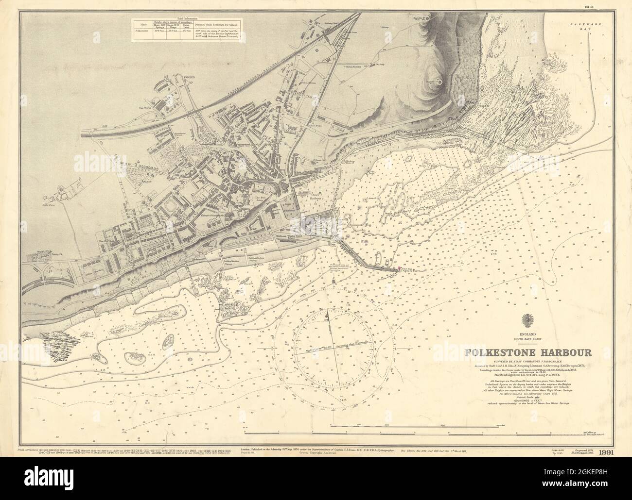 Folkestone Harbour, Kent. ADMIRALTY sea chart town plan 1874 (1953) old map Stock Photo