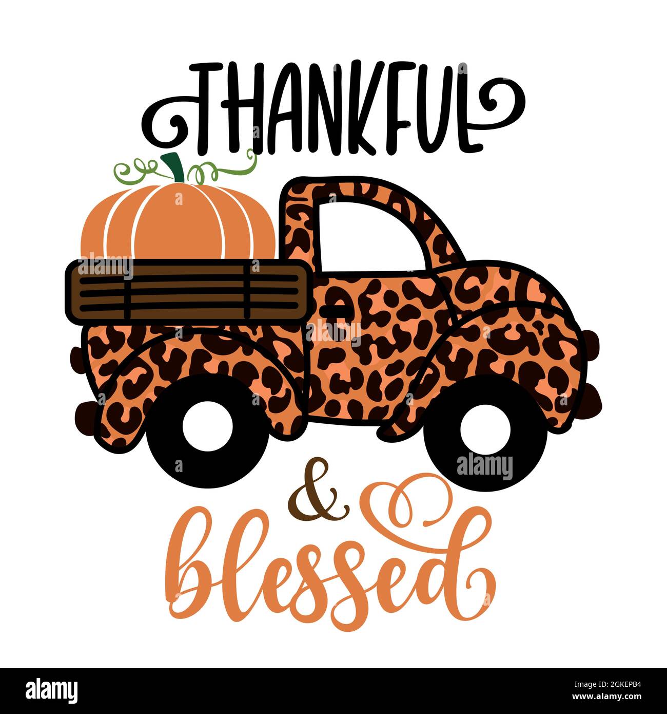 Thankful and blessed - Happy Harvest fall festival design for markets, farmhouse, flyer, card, invitation, sticker, banner. Cute hand drawn hayride or Stock Vector